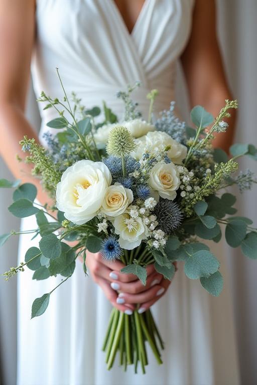 Bouquet da sposa con fiori di campo e foglie di eucalipto.