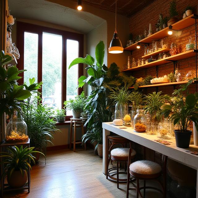 L'interno accogliente del negozio Muschio e Quarzo con piante e decorazioni.