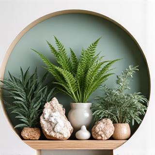 Composizione armonica di piante e minerali su una mensola di design.