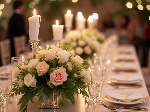Elegante allestimento floreale per un tavolo da matrimonio.